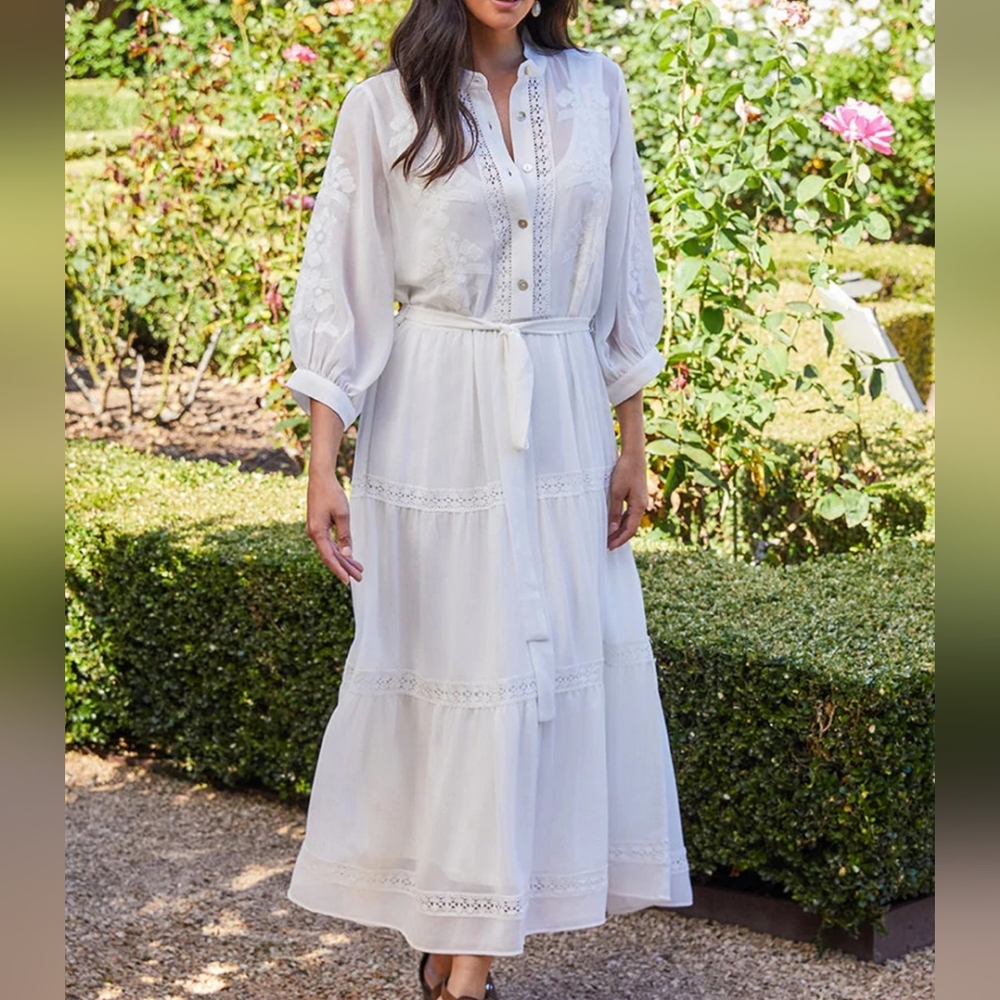 Karen Kane Ivory White Embroidered Chiffon Boho Long Sleeve Maxi Shirt Tie Dress